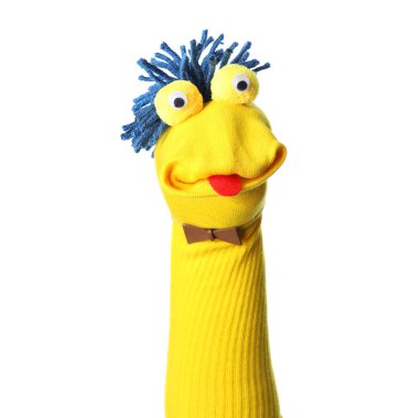 Beyaz saçlı, komik çorap kuklası.