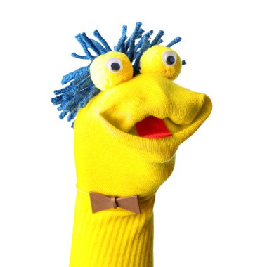 Beyaz saçlı, komik çorap kuklası.