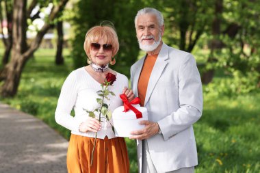 Hediye kutusu ve parkta gül taşıyan sevimli yaşlı çift.