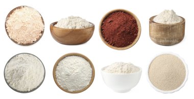 Beyazlar üzerinde izole edilmiş, farklı tipte un.