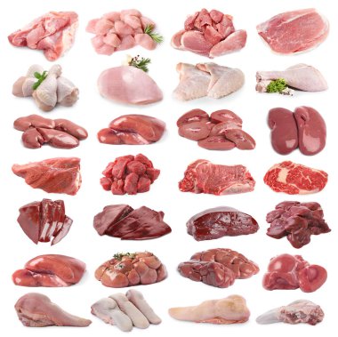 Beyaz arka planda taze çiğ et ürünleri, kolaj