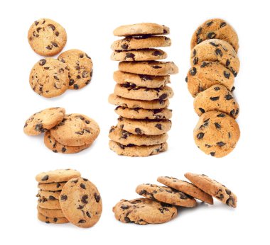 Beyaza izole edilmiş çikolatalı kurabiyeler, kolaj.