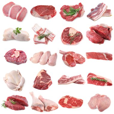 Farklı türde taze et, beyaza izole edilmiş, kolaj. Biftek, domuz, tavuk ve dana eti.