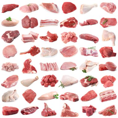 Farklı türde taze et, beyaza izole edilmiş, kolaj. Biftek, domuz, tavuk ve dana eti.