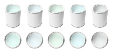 Beyaz teneke kutulardaki farklı pastel boyalar, set. Üst ve yan görünüm