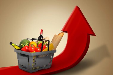 Market sepeti, bej renkli arka planda yukarı doğru kırmızı ok ile farklı sebzeler. Yemek sepeti fiyatları yükseliyor. Tüketici Fiyat İndeksi