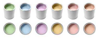 Beyaz teneke kutulardaki farklı pastel boyalar, set. Üst ve yan görünüm