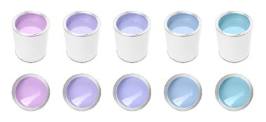 Beyaz teneke kutulardaki farklı pastel boyalar, set. Üst ve yan görünüm