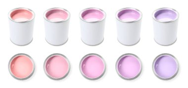 Beyaz teneke kutulardaki farklı pastel boyalar, set. Üst ve yan görünüm