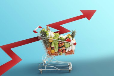 Alışverişe çıkan alışveriş arabası ve mavi arka planda yukarı doğru kırmızı ok. Yemek sepeti fiyatları yükseliyor. Tüketici Fiyat İndeksi