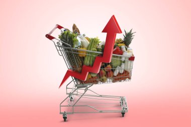 Alışveriş arabası, farklı sebzeler ve pembe arka planda yukarı doğru kırmızı ok. Yemek sepeti fiyatları yükseliyor. Tüketici Fiyat İndeksi