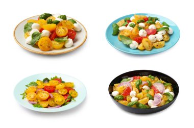 Beyaz arka planda sarı ve kırmızı domatesli lezzetli taze salatalar.