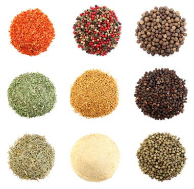 Beyaz arka planda farklı aromatik baharatlar, set. Üst görünüm