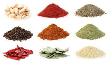 Beyaz arka planda farklı aromatik baharatlar, kolaj