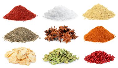 Beyaz arka planda farklı aromatik baharatlar, kolaj