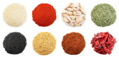 Beyaz arka planda farklı aromatik baharatlar, set. Üst görünüm