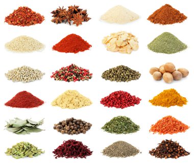 Beyaz arka planda farklı aromatik baharatlar, kolaj