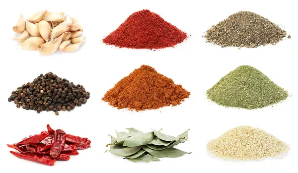 Beyaz arka planda farklı aromatik baharatlar, kolaj