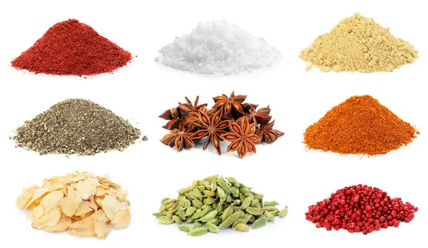 Beyaz arka planda farklı aromatik baharatlar, kolaj
