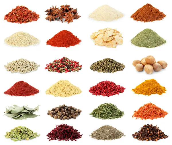 Beyaz arka planda farklı aromatik baharatlar, kolaj