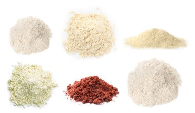 Beyaza izole edilmiş farklı un türleri. Üst görünüm