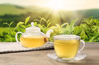 Yeşil çay fincanda, çaydanlık da ahşap masada, dağlardaki çay tarlasına karşı.