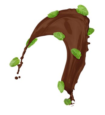 Çikolata sıçraması ve nane yaprakları beyaz arka planda havada.