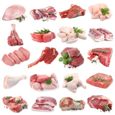 Farklı türde taze et, beyaza izole edilmiş, kolaj. Biftek, domuz, tavuk ve dana eti.
