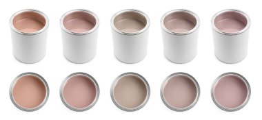 Beyaz teneke kutulardaki farklı pastel boyalar, set. Üst ve yan görünüm