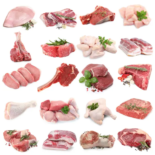 Farklı türde taze et, beyaza izole edilmiş, kolaj. Biftek, domuz, tavuk ve dana eti.