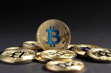 Kripto para birimi. Gri arkaplanda altın bitcoinler, yakın plan