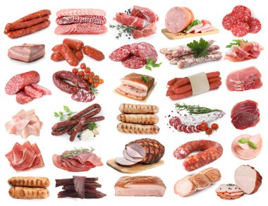 Beyaz arka planda işlenmiş lezzetli et ürünleri, kolaj