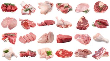 Farklı türde taze et, beyaza izole edilmiş, kolaj. Biftek, domuz, tavuk ve dana eti.