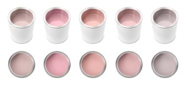 Beyaz teneke kutulardaki farklı pastel boyalar, set. Üst ve yan görünüm