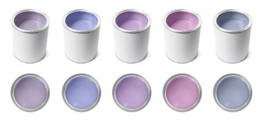 Beyaz teneke kutulardaki farklı pastel boyalar, set. Üst ve yan görünüm