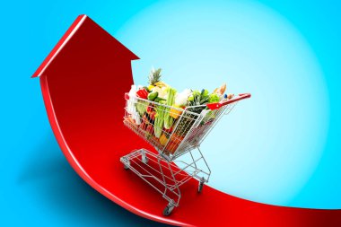 Alışverişe çıkan alışveriş arabası açık mavi eğimli arka planda yukarı doğru kırmızı ok üzerinde hareket ediyor. Yemek sepeti fiyatları yükseliyor. Tüketici Fiyat İndeksi