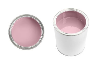 Pastel pembe boya, beyaza izole edilmiş. Üst ve yan görünüm