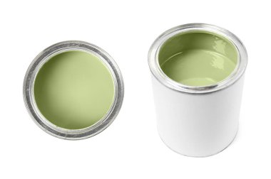 Pastel yeşili boya beyaz teneke üzerinde izole edilmiş. Üst ve yan görünüm