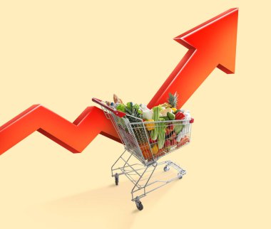 Farklı bakkaliyelere sahip alışveriş arabası ve bej arka planda yukarı doğru kırmızı ok. Yemek sepeti fiyatları yükseliyor. Tüketici Fiyat İndeksi