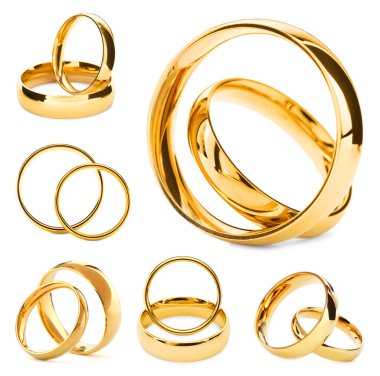 Beyaz arka planda parlak altın alyanslar, kolaj