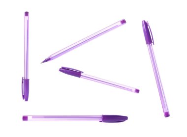 Beyaza izole edilmiş tükenmez kalem, kolaj. Kırtasiye