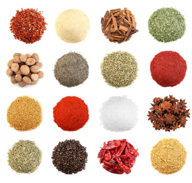 Beyaz arka planda farklı aromatik baharatlar, set. Üst görünüm