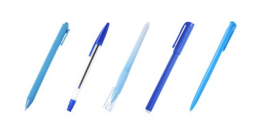 Beyaza izole edilmiş farklı kalemler, set. Kırtasiye