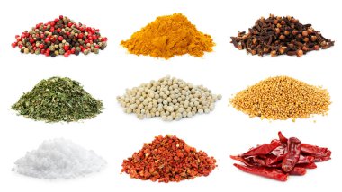 Beyaz arka planda farklı aromatik baharatlar, kolaj