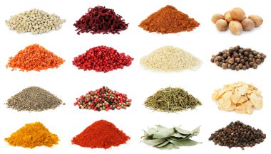 Beyaz arka planda farklı aromatik baharatlar, kolaj