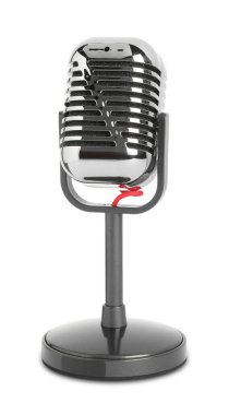 Beyaza izole edilmiş eski bir mikrofon. Müzik ekipmanları