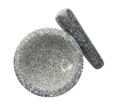 Taş havan ve tokmak beyaz, üst görünümde izole