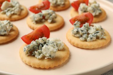 Lezzetli krakerler ve tabakta domatesler, yakın plan.