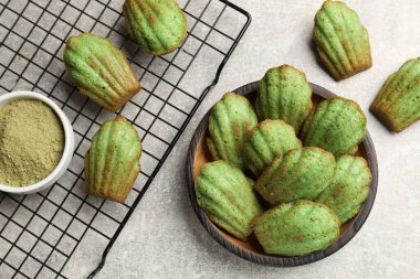 Lezzetli madelaine kekleri ve kibrit tozu.