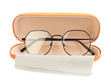 Case with stylish glasses and cleaning cloth isolated on white
